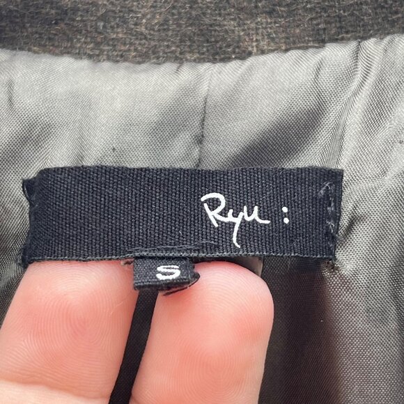 Ryu Green Ruffled Wool Blend Buckle Mid Length Trench Coat Size S - Picture 4 of 8